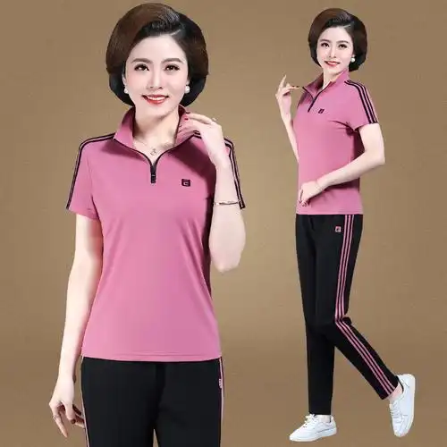金蔚臻休闲运动服套装女中年人妈妈跑步健身有领短袖t恤中老年女装