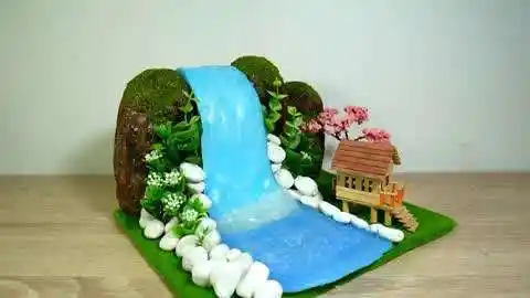 手工制作,瀑布和小屋世外小桃园,热熔胶小作品