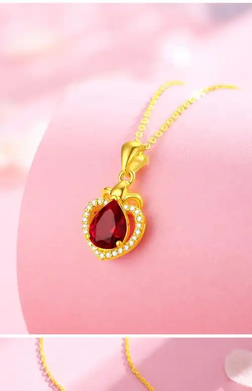老凤凰款式黄金项链女红宝石心形吊坠足金锁骨链链送女友礼物情人节