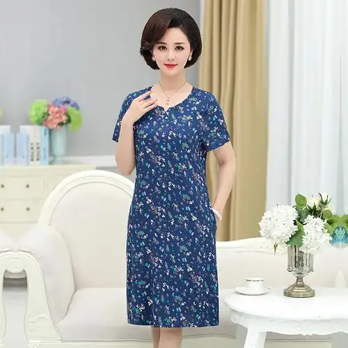 妈妈装夏装短袖连衣裙中长款40-50岁棉绸中老年女装2018新款绵绸