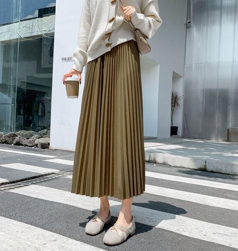 法式毛呢半身裙女春秋季中长款高腰显瘦大摆黑色百褶裙冬天配毛衣