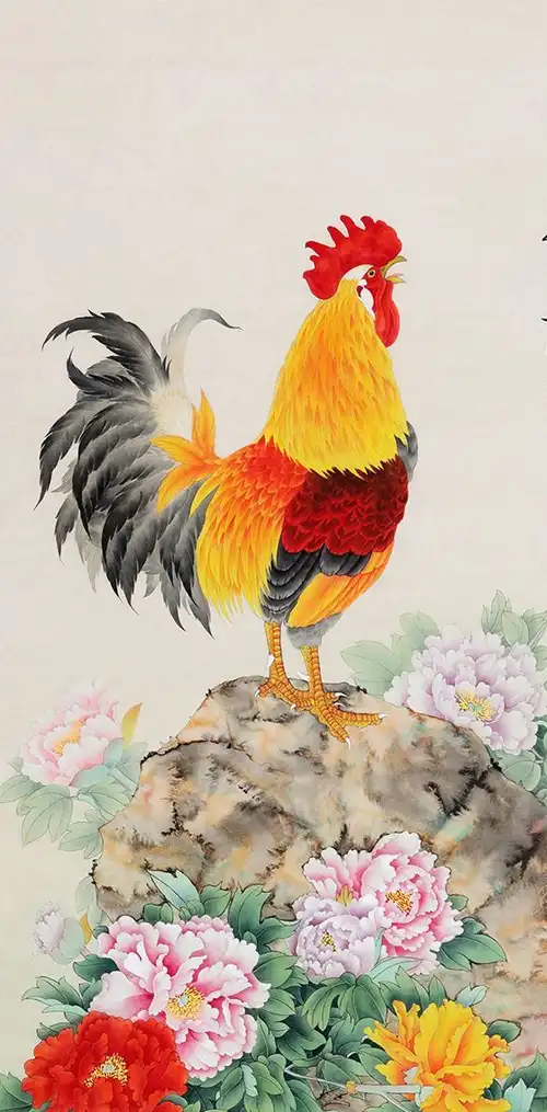 公鸡和牡丹组合在一起,在风水上是吉祥花开,开门大吉,富贵吉祥的风水