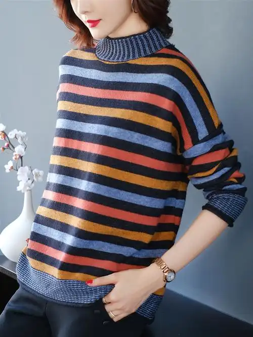一折横条纹针织衫女大码_拼色宽横条纹毛衣女2019新款大码女装秋冬