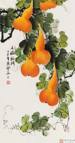 【已售】黄艺三尺招财辟邪葫芦画《五福临门》