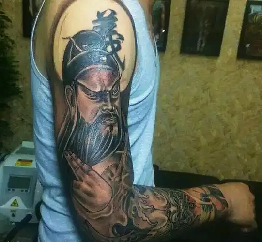 关公花臂作品纹身图片