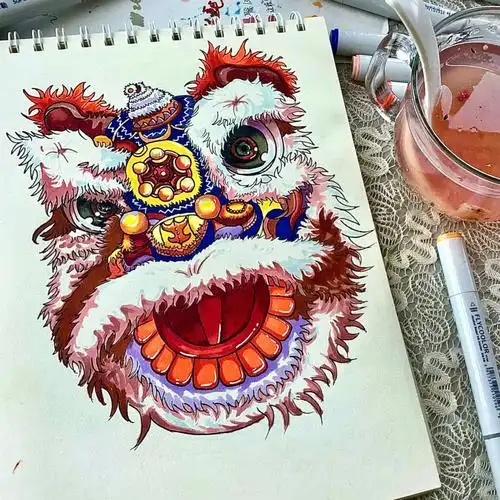 马克笔单体练习舞狮03附线稿