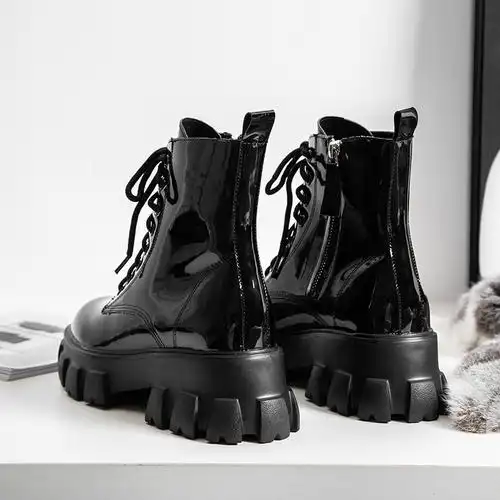秋冬网红刘雯同款厚底增高系带松糕鞋马丁靴女黑色单靴英伦风短靴