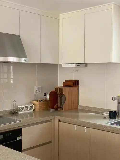 石英石台面搭配木色地柜·将石英石高级化了·餐厨一体式·方便交流