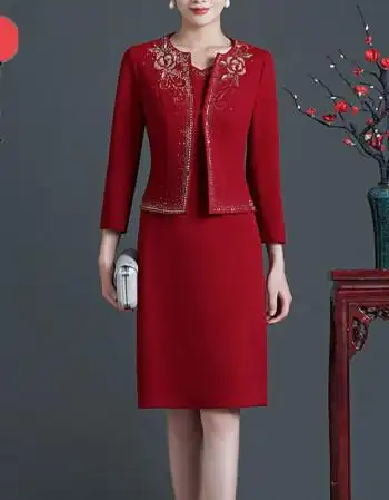 婚宴妈妈装喜婆婆时尚婚礼服连衣裙两件套胖太太红色上衣减龄冬装旗袍