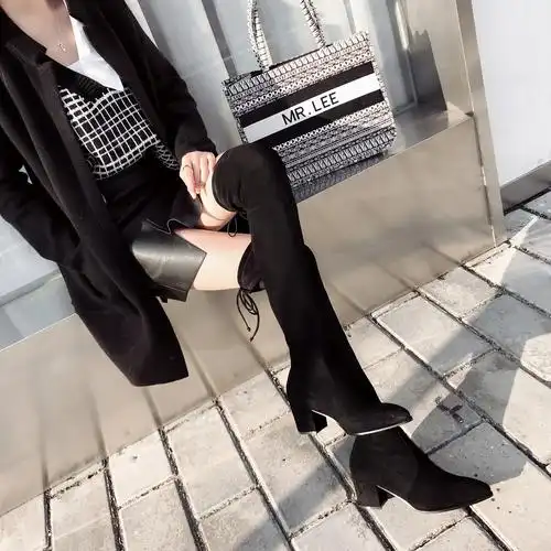 秋冬2020新款过膝长靴女粗跟百搭女高筒显瘦弹力靴尖头长筒靴子女