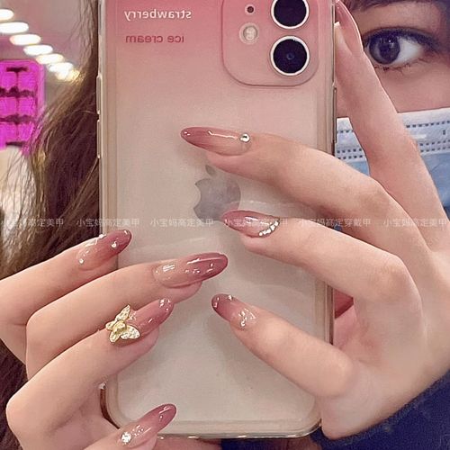 豆沙粉渐变小蝴蝶!可拆卸假指甲贴片仙女显白御姐长款穿戴美甲片