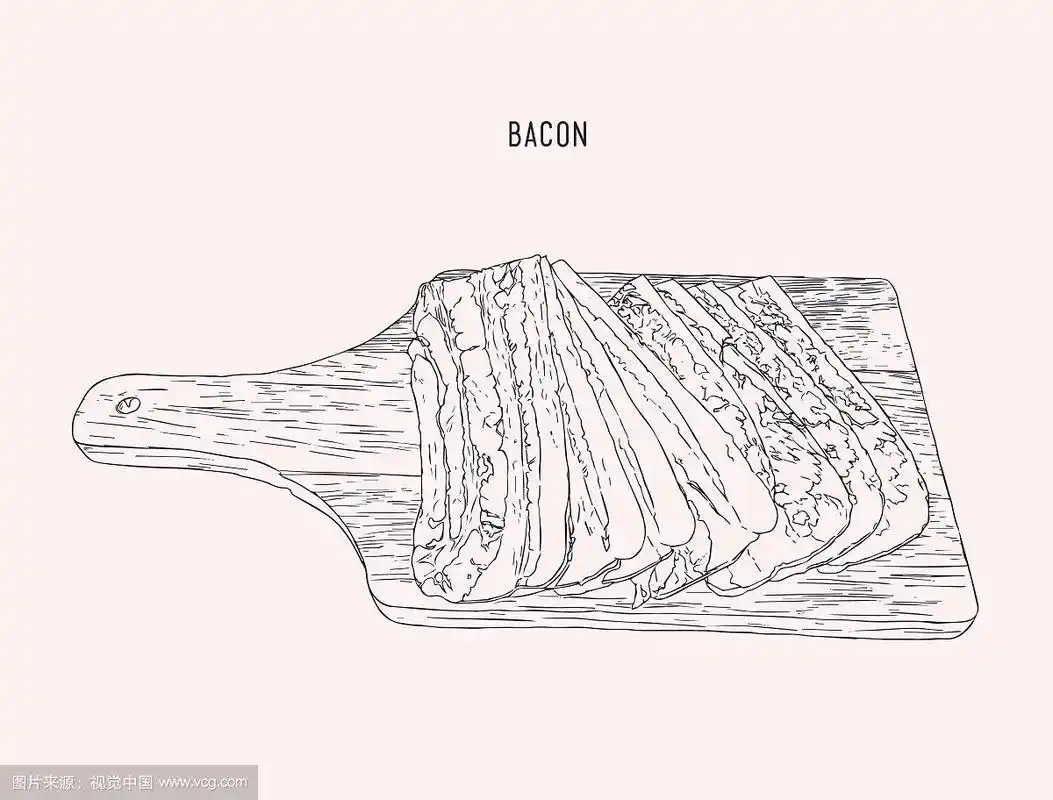 木盘素描上的培根片