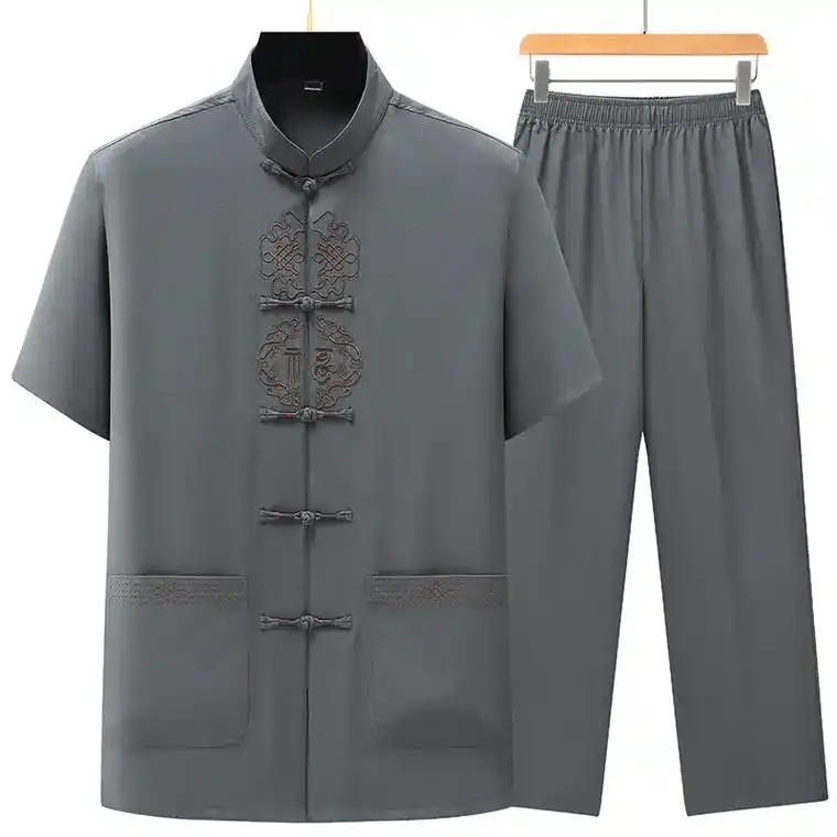 亚麻刺绣短袖棉麻套装男士唐装