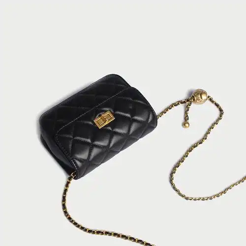 真皮小包包女2021新款菱格链条包百搭化妆包小香风金珠斜挎迷你包