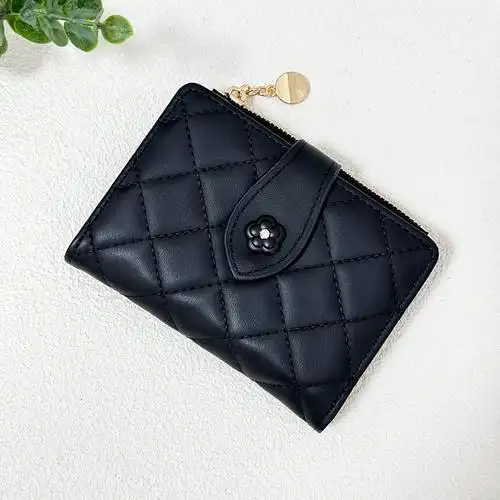 2024欧美钱包短款女 时尚山茶花折叠钱夹多卡位卡包高端拉链钱包