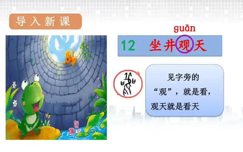 看得才全面坐井观天看得窄天只有井口大天无边无际青蛙听了小鸟的话