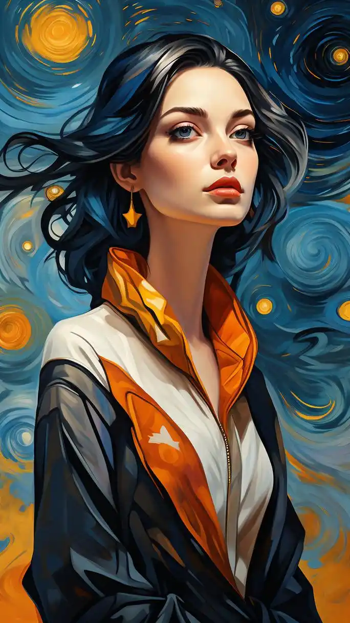 精致美女姐姐,抽象,雕塑,梵高星空背景