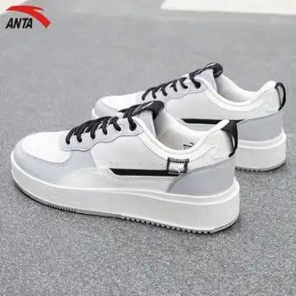 安踏男鞋子休闲鞋板鞋秋季新款皮面防泼水减震运动鞋耐磨防滑象牙白