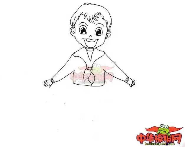 3,然后,我们来画出小男孩的腿,腿很长,他穿着五分的短裤,脚上的鞋子