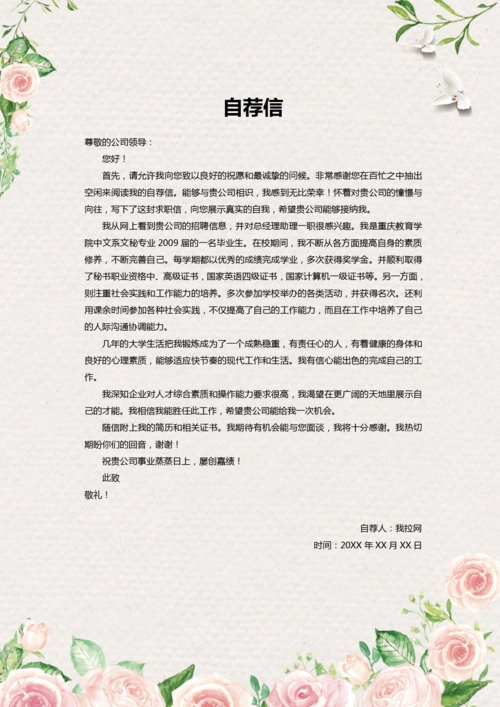 小清新总经理助理自荐信简历-高级管理简历模板素材下载-「w大师」