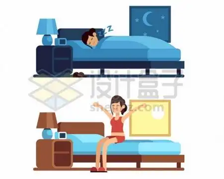 卡通女孩晚上睡觉晚安早上起床早安506068png矢量图片素材