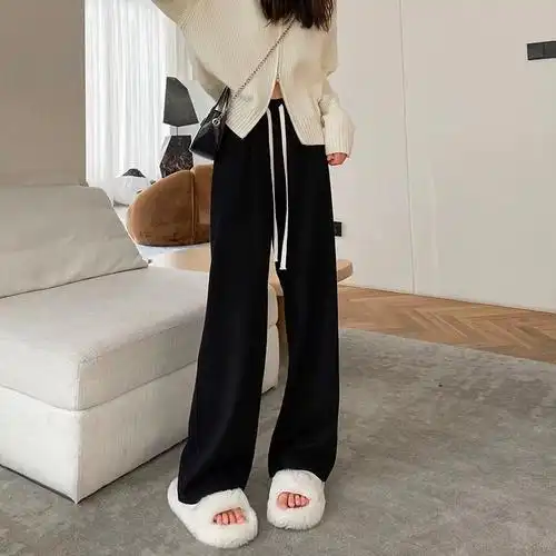 150小矮个子羊绒针织阔腿裤女秋冬加绒加厚抽绳显高155xs休闲长裤