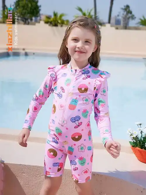 潮范儿童泳衣女童长袖游泳衣连体女孩宝宝洋气防晒沙滩度假冲浪服