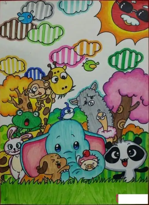 松林中的小动物们儿童画图片