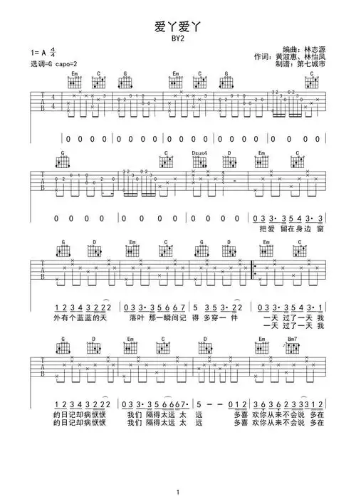 精互动谱吉他弹唱发布/红发吉他手热度/599by2《爱丫爱丫(ikaopu可