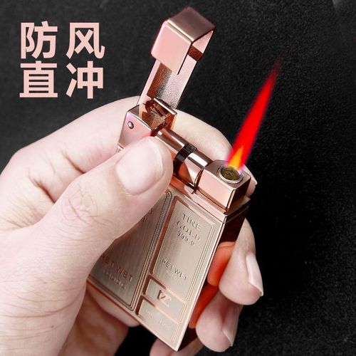 抖音同款触摸感应金砖金条打火机充气防风直冲红火焰个性创意 金砖