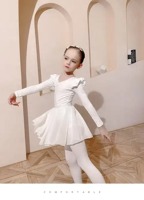 儿童舞蹈服白色雪纺秋冬长袖练功服女童考级中国舞练舞衣芭蕾舞裙