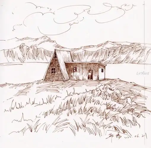 不打稿钢笔画速写练习山湖草地与小屋