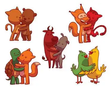 套彩色拥抱动物加拿大野生动物彩色平面图标设置动物婴儿卡通.