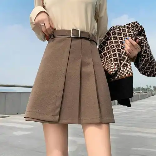 浪莎毛呢半身裙女2021年新款高臀a字短裙大号百褶裙子秋冬季女式显瘦