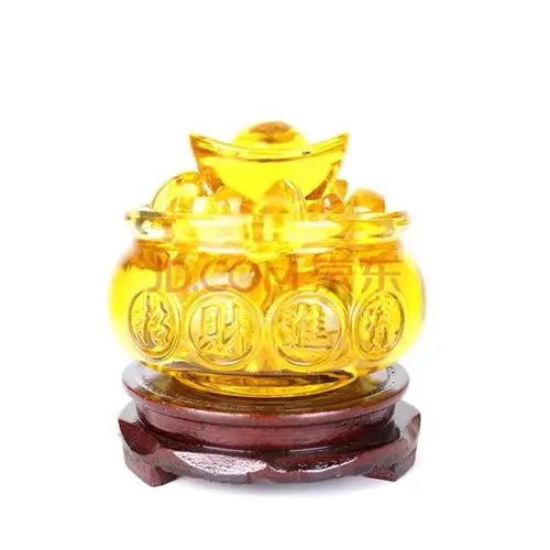 水晶琉璃风水开业八方运财摆件聚财礼品 8cm聚宝盆加木底座(无元宝)