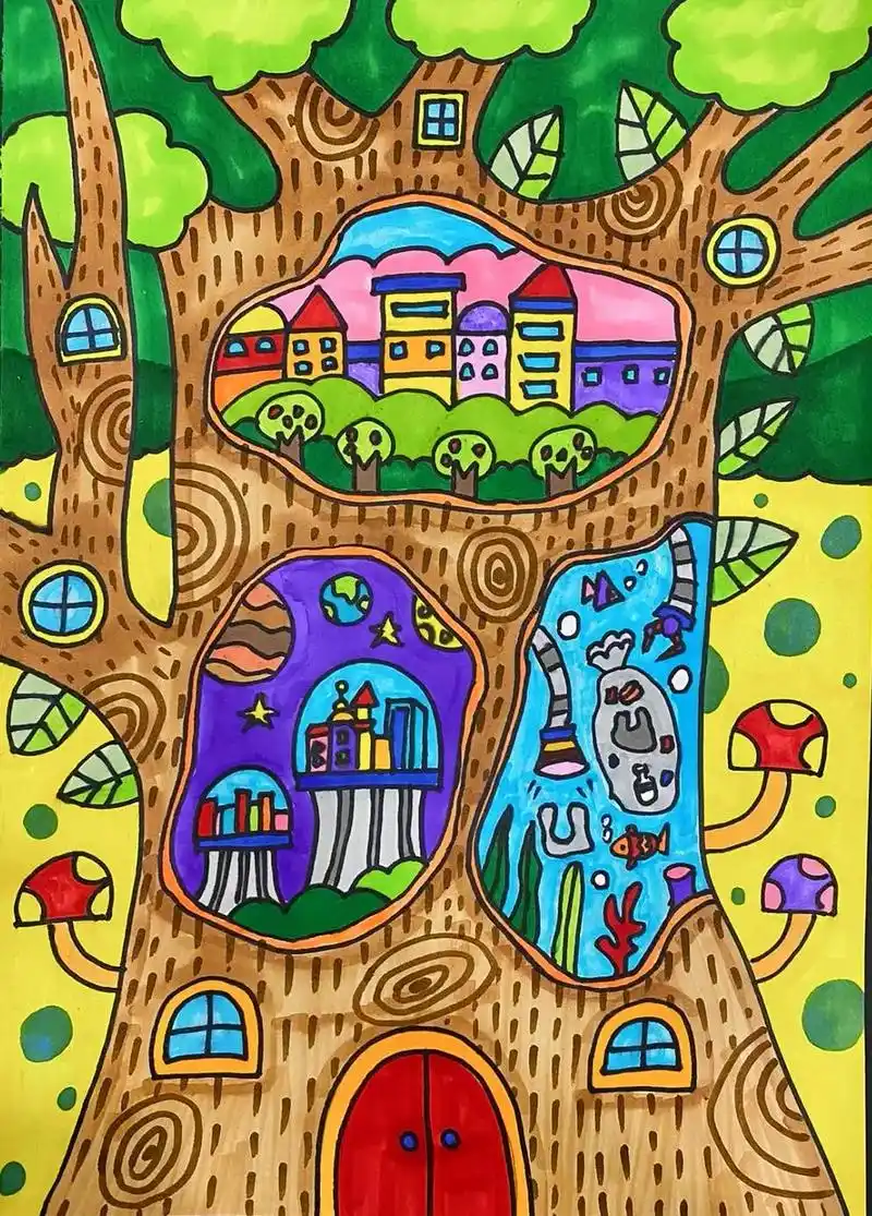 绿色家园青山绿水环保主题绘画大树同一个地