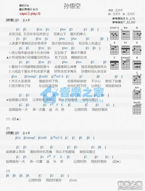 五月天孙悟空吉他谱g调吉他弹唱谱和弦谱