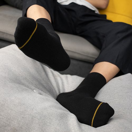 4双 男士黑色商务袜子中长筒纯色纯棉金色条纹上班正装袜吸汗透气