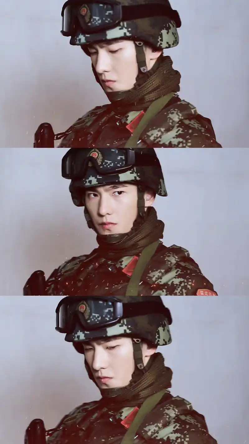 杨洋身穿军装,英姿飒爽,一身正气,轮廓硬朗,眉眼纤长.骨子里透着坚定.