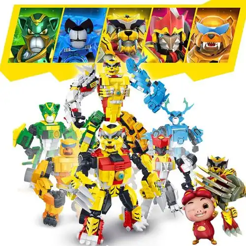 星钻积木猪猪侠五灵守卫者拼装积木玩具铁拳虎火焰鹤冰封鹿神木猿