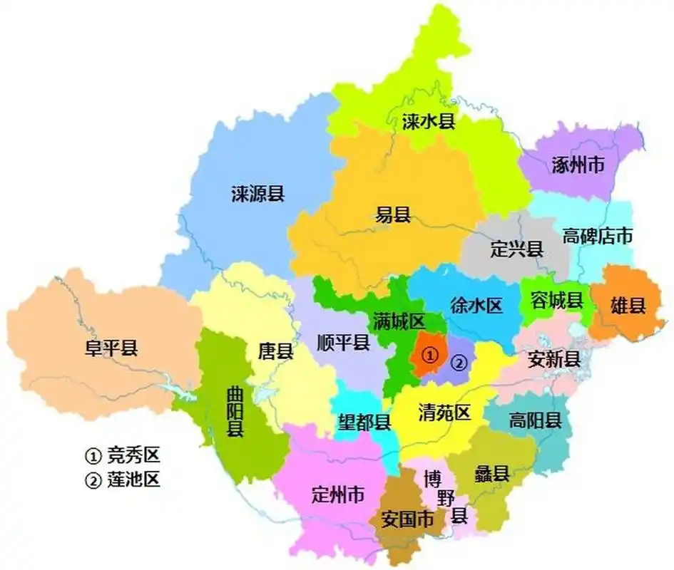 保定全市划分为 5个区:竞秀区,莲池区,满城区,清苑区,徐水区; 15个