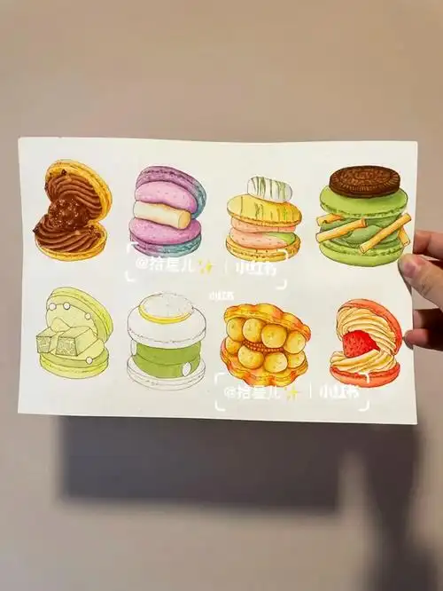 钢笔淡彩手绘韩式马卡龙