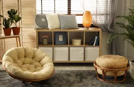 便便元素舒适的客厅配有时尚家具和装饰元素.室内设计理念照片