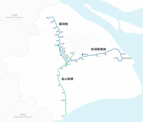 下图表示了上海轨道交通机场联络线,嘉闵线的线路,金山铁路也被画在