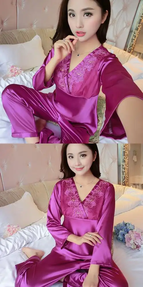夏季女士套装可爱丝绸空调春秋季两件刺绣丝质家居服薄款睡衣长袖