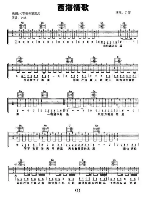刀郎《西海情歌》吉他谱_g调吉他弹唱谱