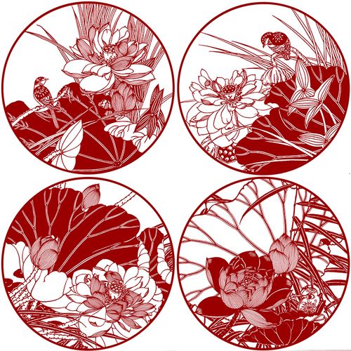 高清荷花团扇剪纸底稿国画花鸟手工刻制图样窗花图案打印底稿4张