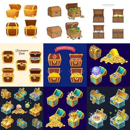 宝箱插画 卡通宝藏金银珠宝百宝箱寻宝游戏 ai格式矢量设计素材