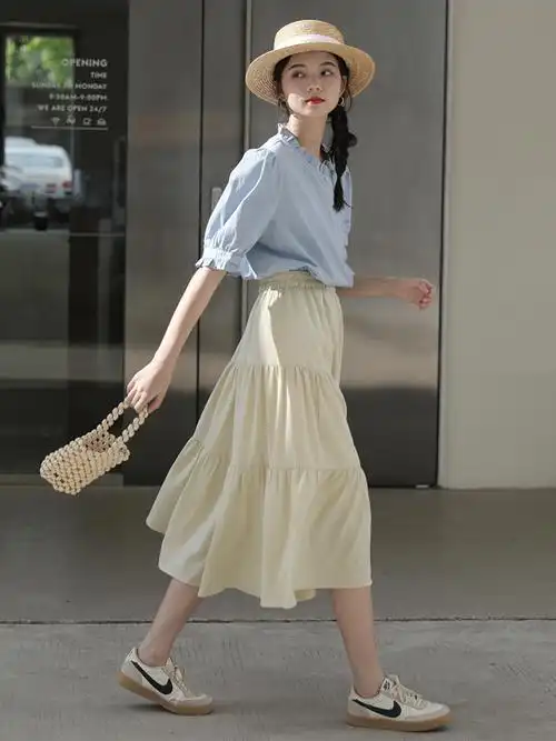 纯色松紧腰蛋糕裙2021年夏新款大摆裙子a字中长款半身裙甜美百搭