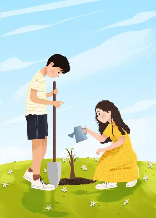 植树节正在种树的一对青年男女